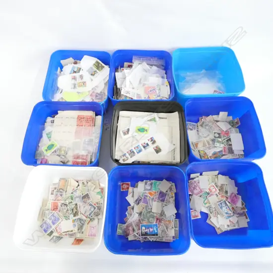 9 CONTAINERS ASST. WORLD STAMPS 