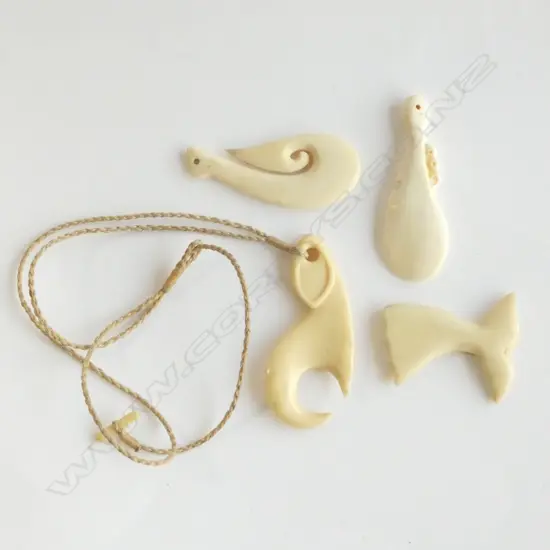4 MAORI CARVED BONE PENDANTS; WAHAIKA. MATAU ETC