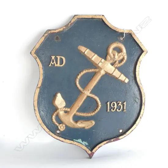 HEAVY BRONZE SHIELD PLAQUE BLUE & GOLD PAINTED FOULED ANCHOR - C1931