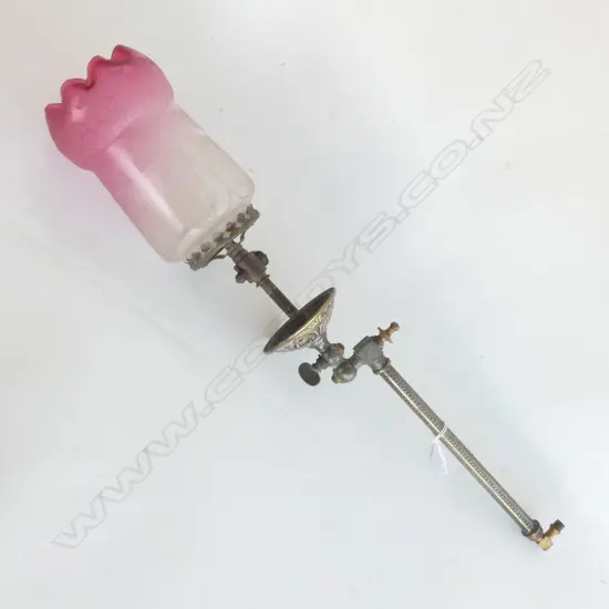 19THC GILT BRASS GAS WALL LAMP CRANBERRY SHADE