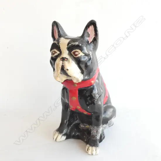 CONCRETE  BLACK & WHITE FRENCH BULLDOG WITH RED COLLAR H. 340MM. ONE FOOT NEEDS REPAIR
