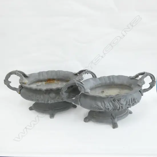 PAIR CAST IRON GARDEN PLANTERS LEAD FINISH