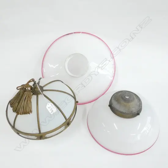 THREE VINTAGE LIGHT FITTINGS, 1 ORIENTAL GLASS & BRONZE W.TASSLE, 2 MILK GLASS