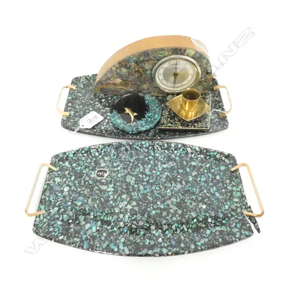 FIVE NZ PAUA SHELL ITEMS; CLOCK (L. 180MM) CANDLE HOLDER, 2 TRAYS & COASTER