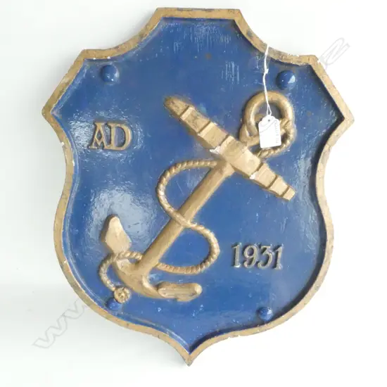 PLASTER REPLICA SHIELD PLAQUE BLUE & GOLD PAINTED FOULED ANCHOR - C1931