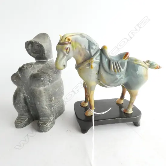 HORSE FIGURE A/F ON WOODEN STAND (H. 120MM) & CARVED STONE FIGURE (H. 120MM)