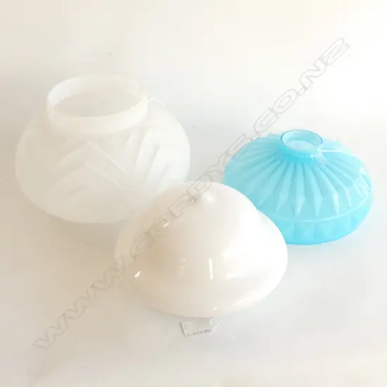 THREE VINTAGE GLASS LIGHT SHADES; 1 BLUE MILK GLASS, 1 WHITE GLASS, 1 FROSTED STAR PATTERN.