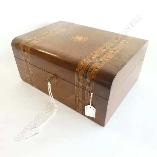 VICTORIAN TUMBRIDGE WARE WALNUT INLAID JEWELLERY BOX  WITH KEY, 300 X 220MM X H 130MM