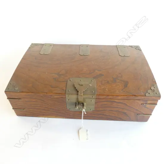 CHINESE HARDWOOD BOX WITH BRASS DETAIL & LOCK, CALLIGRAPHY LINED, 365 X 230 X H. 100MM