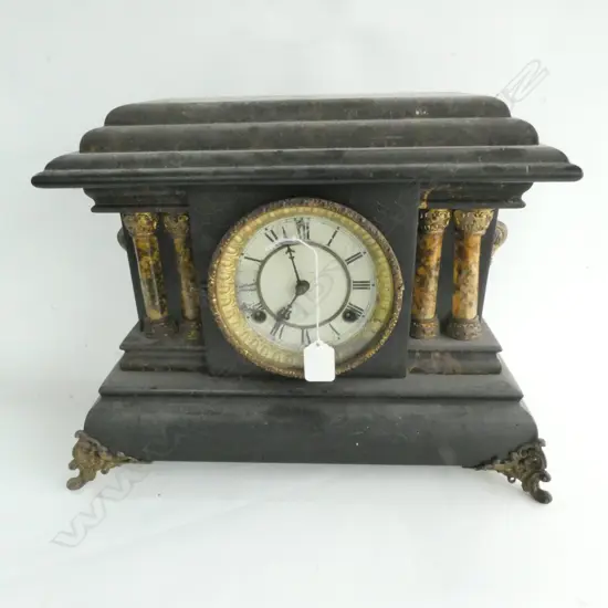 FAUX MARBLE WATERBURY MANTEL CLOCK L 140 MM APPARENTLY WORKING