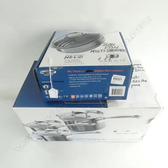 3 LIDDED S/STEEL SCANPAN SAUCEPANS + STEAMER NO LID 