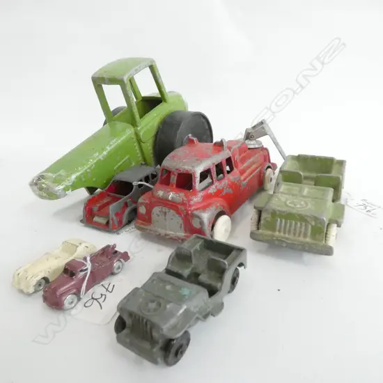 SIX OLD DIE CAST MODEL CARS; 2 JEEPS, FIRE TRUCK ETC. LONGEST 175MM