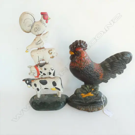 TWO CAST IRON DOORSTOPS -  ROOSTER  & FARM ANIMALS. 