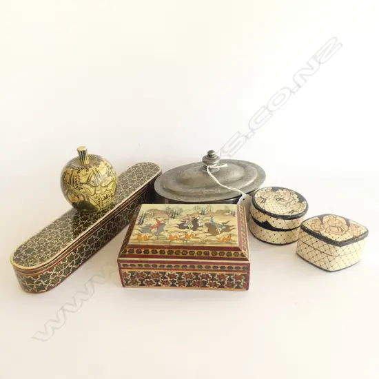 6 ORIENTAL LIDDED BOXES  1 PEWTER