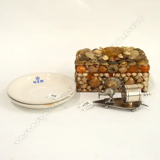 SHELL BOX, L. 170MM, 2 NZR SAUCERS, 1 KIWI SILVER PLATE NAPKIN RING