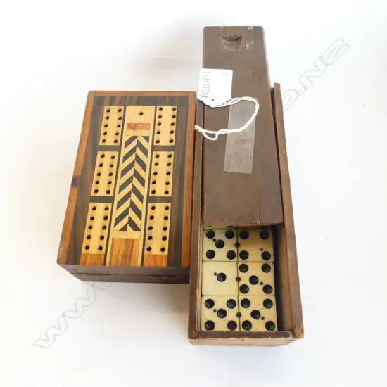2 WOODEN BOXED GAMES; CRIBBAGE & BONE DOMINOES
