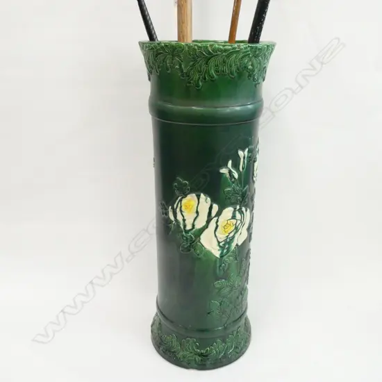 OLD GREEN GLAZED MAJOLICA UMBRELLA STAND H. 620MM