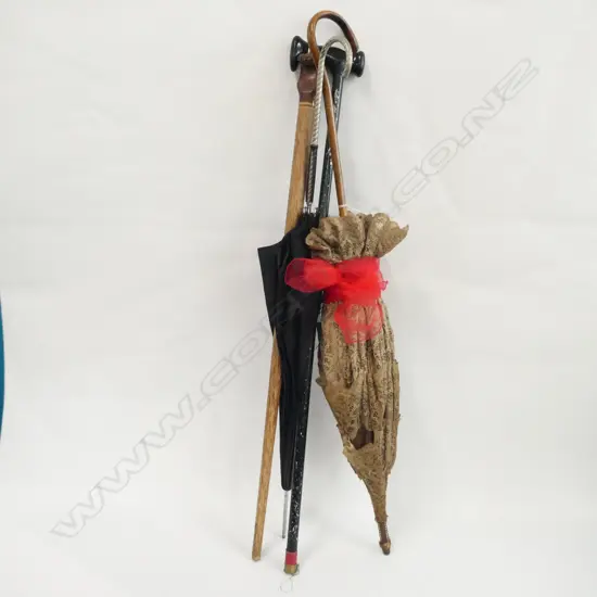 2 VINTAGE UMBRELLAS; LACE & BLACK + 2 WALKING STICKS 
