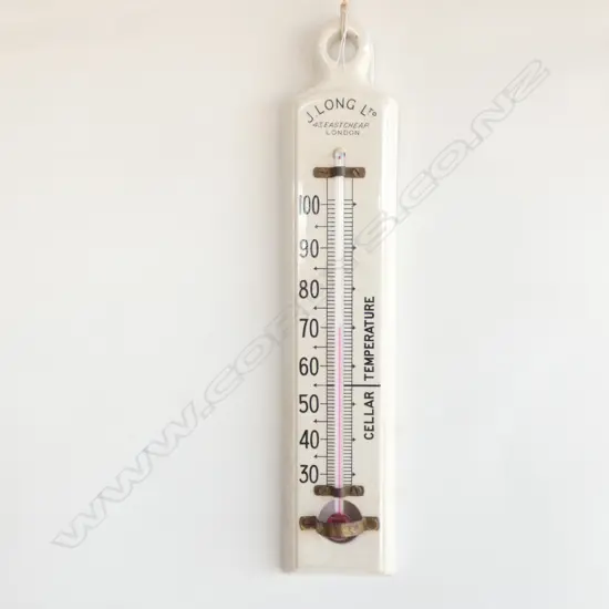 LARGE WHITE ANTIQUE CERAMIC BACKED CELLAR THERMOMETER 