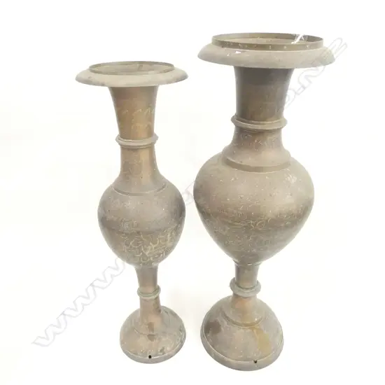 2 VINTAGE TALL INDIAN ENGRAVED BRASS VASE GRADUATING HEIGHTS