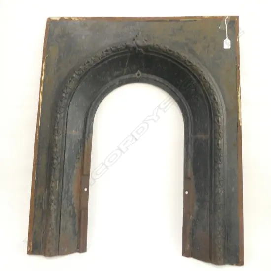 OLD BLACK PAINTED METAL FIRE SURROUND. H. 940. W. 760MM