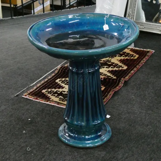 BIRDBATH  RICH TURQUOISE BLUE GLAZE PEDESTAL BASE. H.580mm