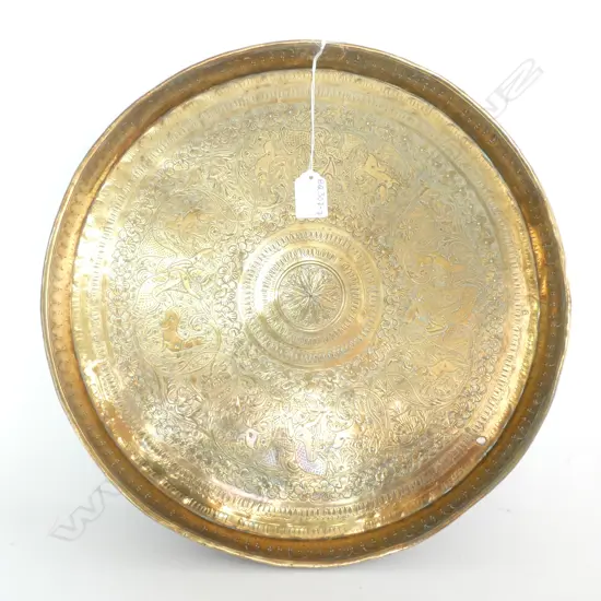 MIDDLE EASTERN ETCHED BRASS TRAY OR WALL HANGING, W. 370MM