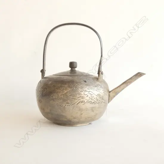 VINTAGE JAPANESE WHITE METAL TEAPOT BLOSSOM ENGRAVED, H.190MM