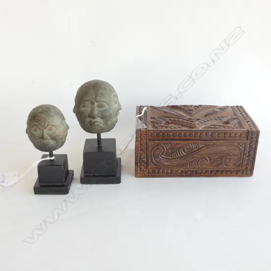 CARVED MAORI BOX L. 155MM + 2X 4 SIDED HEADS