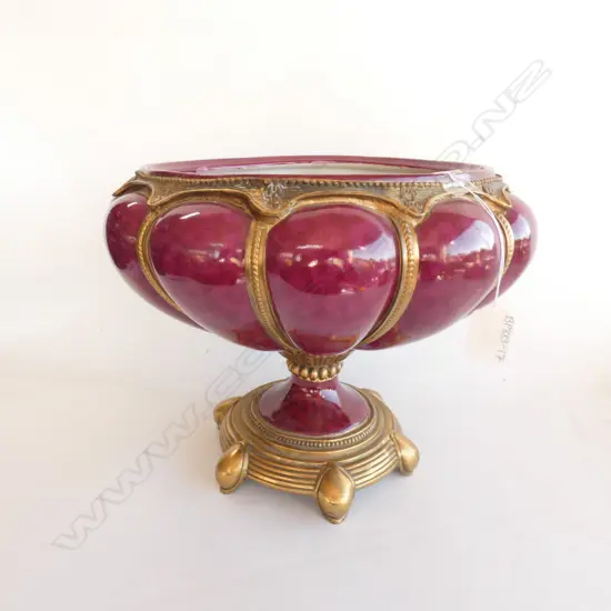 LG DECORATIVE BURGUNDY & GOLD PORCELAIN FOOTED BOWL, DIA 320MM H. 260MM