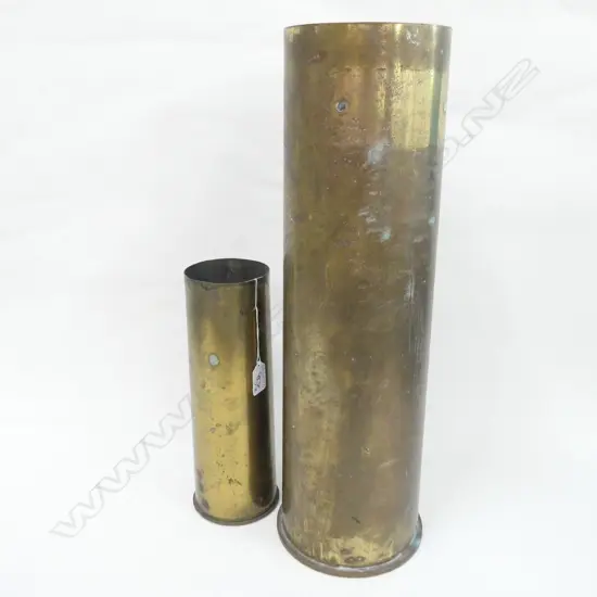 TWO BRASS SHELL CASINGS LG. H. 520 X DIA. 145MM. SM. H. 290 X DIA. 90MM