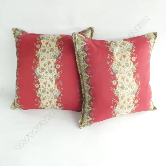PAIR RED CHINTZ CUSHIONS, W. 420MM