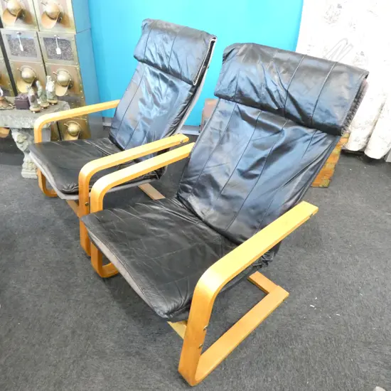 PR PLYWOOD & BLACK LEATHER CHAIRS CANVAS FADED 