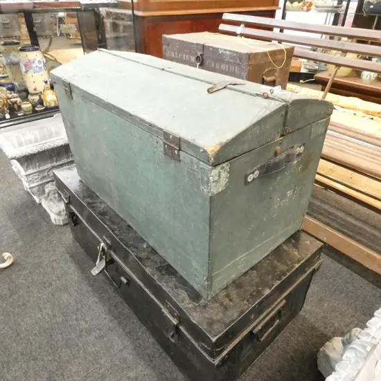 RUSTIC GREEN WOODEN FRENCH TRUNK 740 X 400 X 420MM