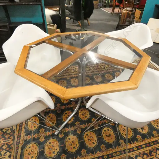 OCTAGONAL DINING TABLE GLASS INSET CHROME BASE 1060MM DIA