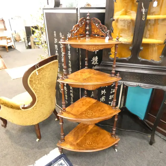 VICTORIAN STANDING CORNER WHATNOT WALNUT INLAY