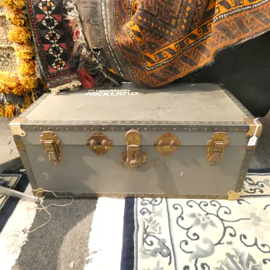 OLD SHIPPING TRUNK 3 LOCKS STUDDED DETAIL