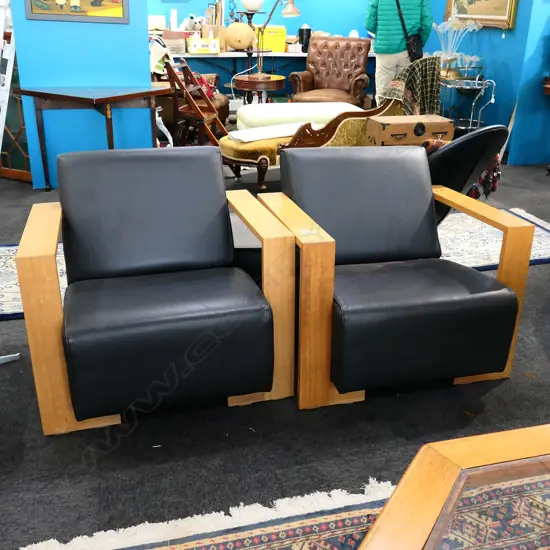 PAIR CONTEMPORY BLACK LEATHER ARM CHAIRS