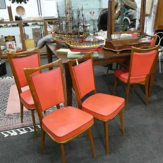 SIX FRENCH MID CENTURY DINING CHAIRS; RED VINYL BLACK PIPING