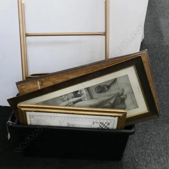 BOX LOT PRINTS, GLUE POTS, FOLDING CHAIR