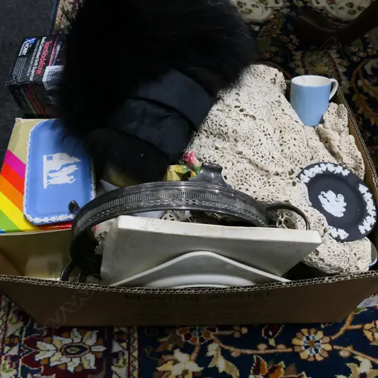 BOX LOT ASST. LINEN, WEDGWOOD, FUR ETC