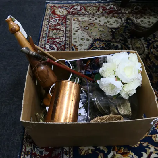 BOX LOT ASST. MAORI BOOK, KETE, OLD CLOCK ETC 