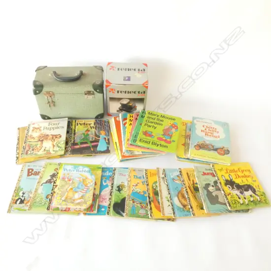 BOX LOT VINTAGE CHILDRENS BOOKS, PROJECTOR ETC