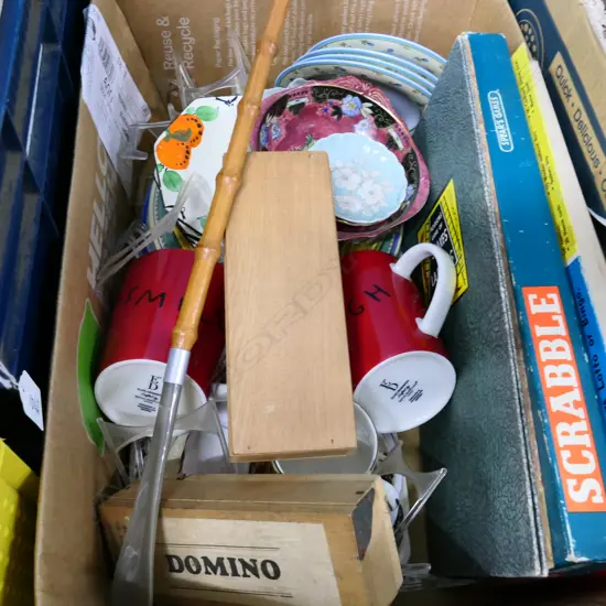 BOX LOT ASST. CERAMICS, GAMES ETC