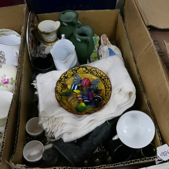 BOX LOT ASST. CERAMICS, CASHMERE SCARF ETC