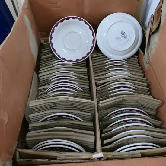 BOX 60 BRISTILE SUPER VITRIFIED HOTEL CHINA BURGUNDY & WHITE SAUCERS