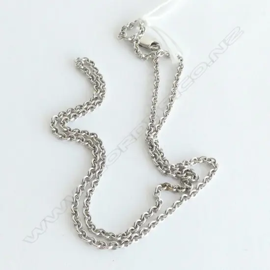 A 9ct. white gold neck chain of circular links with parrot beak clasp.  Length 440
