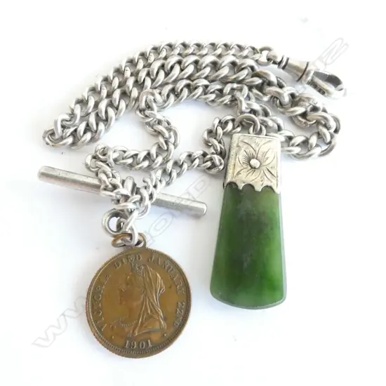 (007) c1900 SILVER FOB CHAIN GREENSTONE FOB