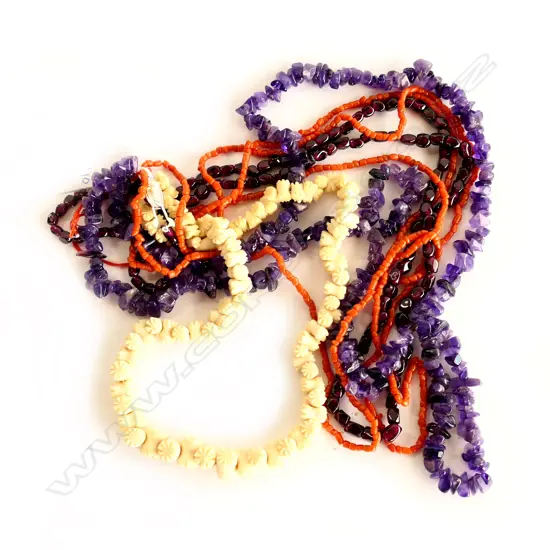 4 NECKLACES; CORAL, AMETHYST, BONE, GARNET