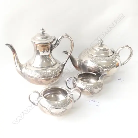SILVER PLATE 4-PCE SET; COFFEE POT, TEAPOT, SUGAR BOWL & CREAMER JUG